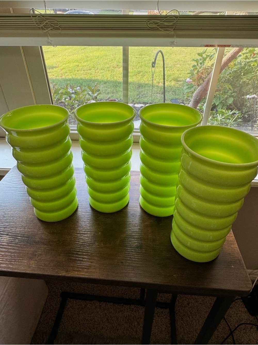 Set of 4 Vibrant Lime Green Wavy Ribbed Melamine Tumblers / Glasses
